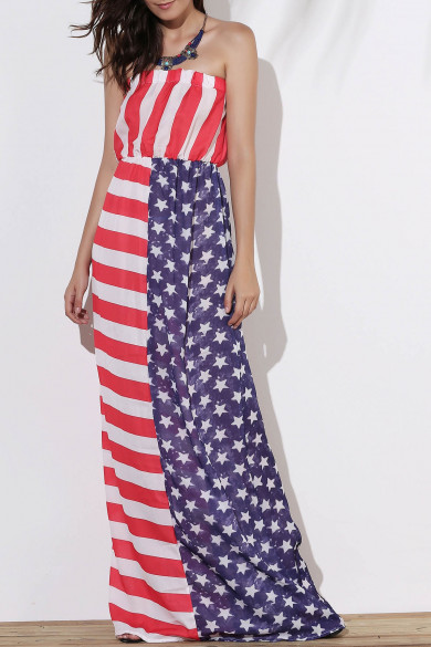 Maxi Patriotic American Flag Strapless Casual Dress COLORMIX