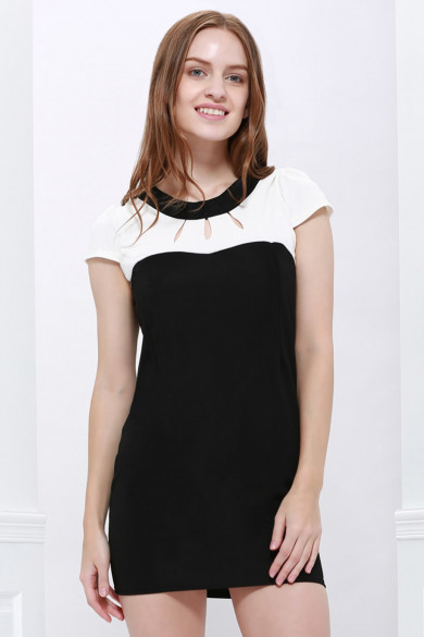Elegant Jewel Neck Short Sleeve Hollow Out Color Block Dress For Women BLACK