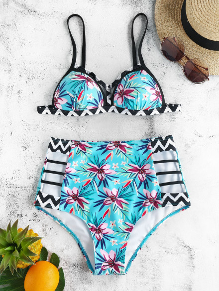 Floral Print Strappy Cut Out Bikini Set TURQUOISE