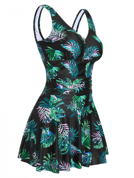 Leaf Print Plunging Skirted Tankini Swimwear BLACK