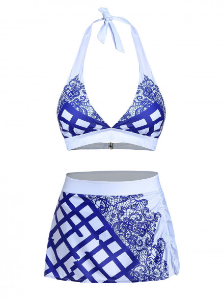 Floral Geometric Print Halter Padded Bikini Swimsuit MULTI-A