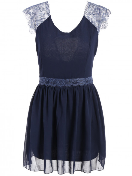 Trendy Style Sleeveless Lace Splicing Solid Color Backless Women's Dress BLUE