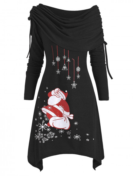 Christmas Santa Claus Cinched Off Shoulder Asymmetrical Dress BLACK