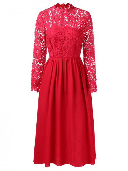 Lace Panel Fit and Flare Long Dress RED