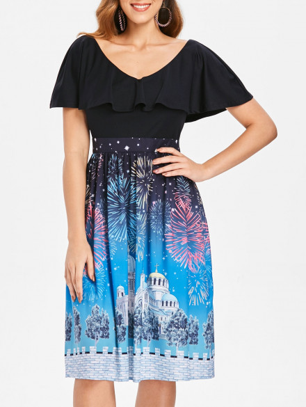 Fireworks Castle Print High Waist Dress BLACK