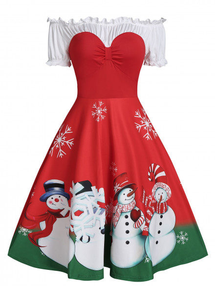 Christmas Snowman Print Off The Shoulder Ruffle Skater Dress RED