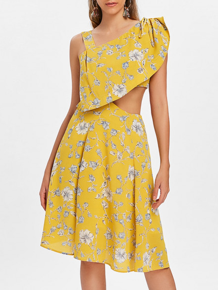 Print Ruffle Skew Neck Dress YELLOW