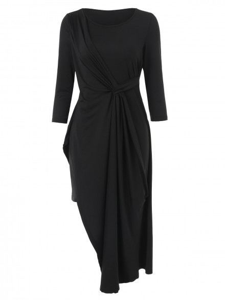 Wrinkle Front Asymmetrical Bodycon Dress BLACK