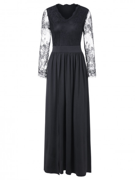 Lace Insert Full Sleeve Floor Length Dress BLACK