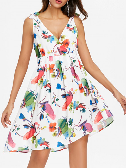 Print Low Cut Casual Dress WHITE