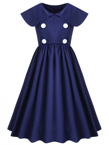 Peter Pan Neck Double Breasted Swing Dress DENIM DARK BLUE