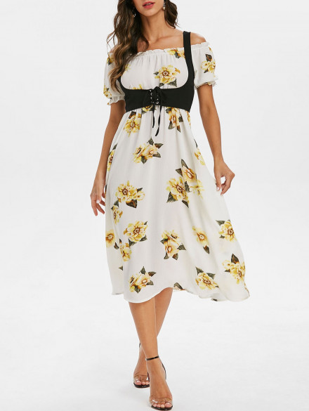 High Waist Floral Print Dress with Lace Up Top WARM WHITE