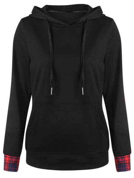 Kangaroo Pocket Plaid Splicing Hoodie BLACK