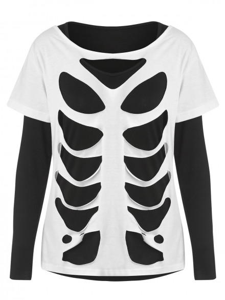 Two Tones Long Sleeve Tearing T-shirt WHITE