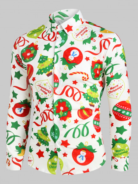 Christmas Pattern Ball Star Candy Long Sleeve Button Shirt MULTI