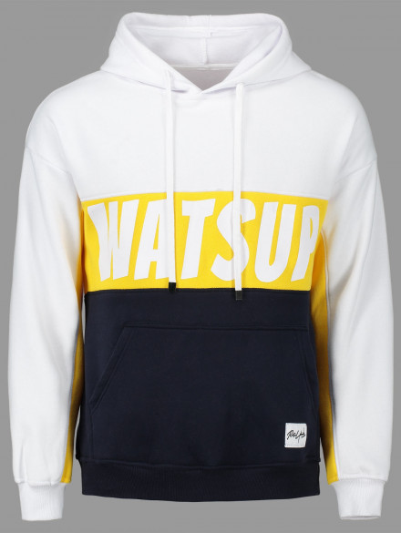 WATSUP Print Kangaroo Pocket Color Block Hoodie WHITE