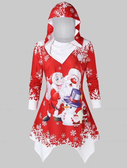 Plus Size Handkerchief Printed Christmas Hoodie RED
