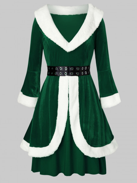 Plus Size Faux Fur Grommets Velvet Christmas Dress MEDIUM SEA GREEN