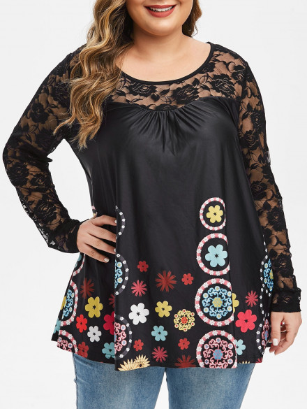 Plus Size Lace Panel Flower Print See Thru T Shirt BLACK