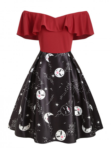 Off The Shoulder Flounce Printed Plus Size Vintage Dress RED