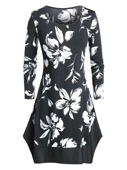 Plus Size Ditsy Print Round Collar Tunic T Shirt BLACK