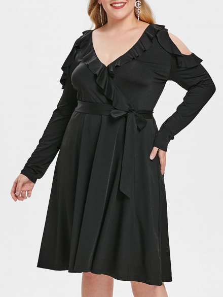 Plus Size Flounce Cold Shoulder Belted Dress BLACK
