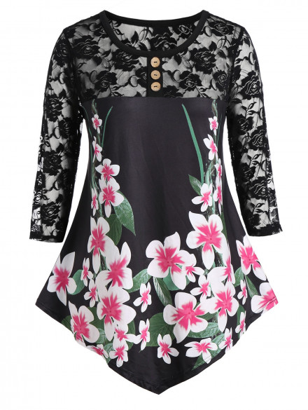 Plus Size Lace Panel Button Floral Print T Shirt BLACK