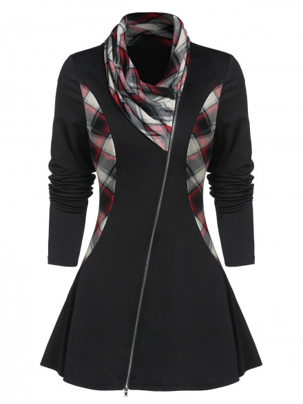 Zipper Fly Checked Panel Cowl Neck Coat BLACK