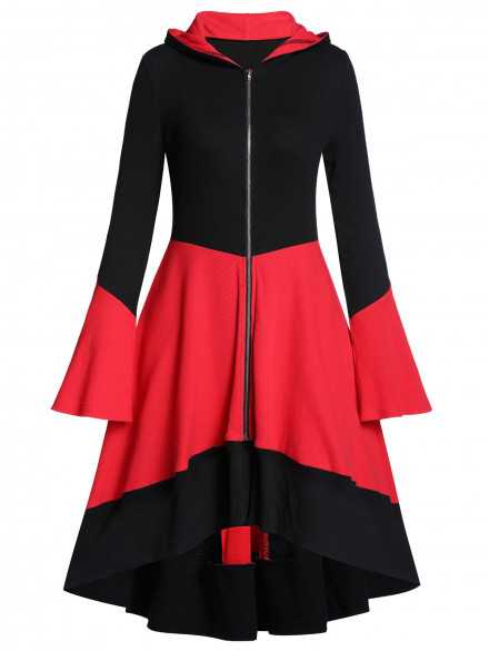 Hooded Two Tone Zip Up Long A Line Coat MULTI-A