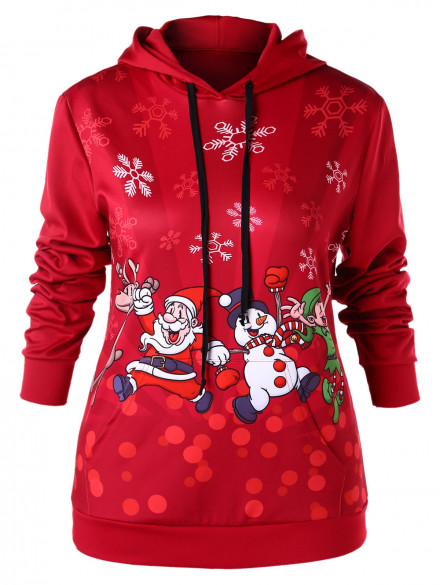 Plus Size Christmas Kangaroo Pocket Pullover Hoodie RED