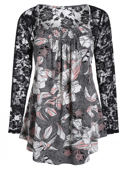 Plus Size See Thru Lace Panel Floral Print T Shirt BATTLESHIP GRAY