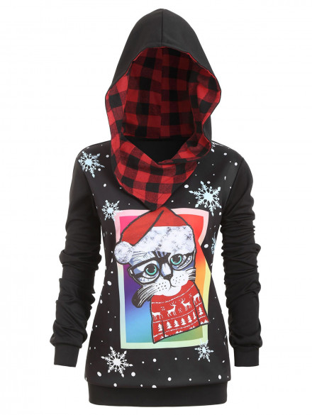 Plus Size Cat Snowflake Print Christmas Hoodie BLACK