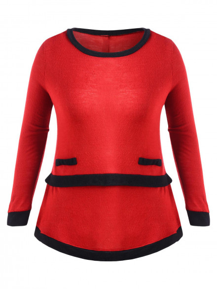 Plus Size Long Sleeve Contrast Trim T-shirt RED