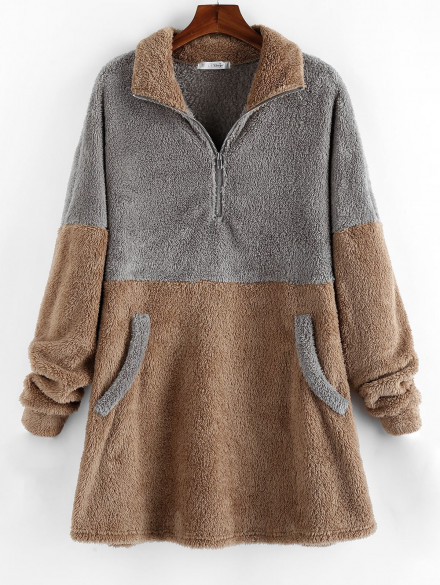 Plus Size Colorblock Faux Fur Sweatshirt DARK GOLDENROD