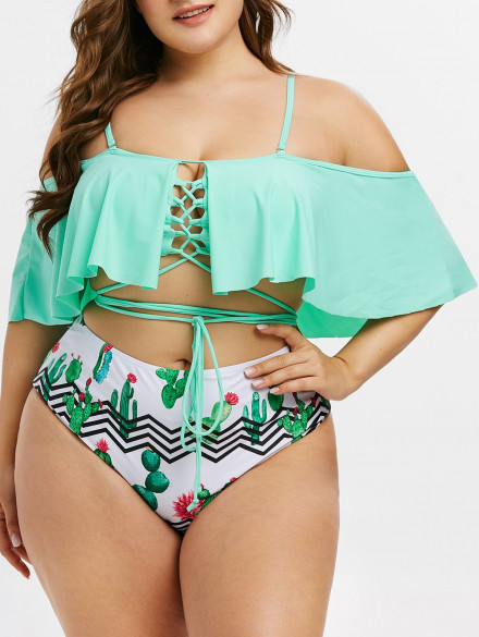 Plus Size Ruffled Lace Up Cactus Print Two Piece Swimsuit LIGHT AQUAMARINE