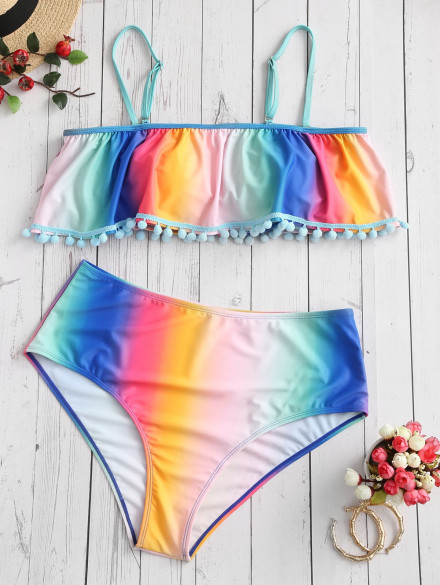 Rainbow Ombre Overlay Pompoms Plus Size Tankini Swimsuit MULTI