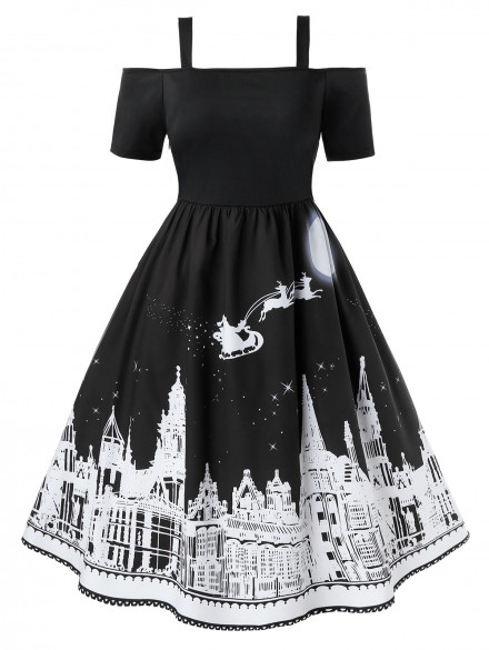 Plus Size Cold Shoulder Castle Print Christmas Dress BLACK