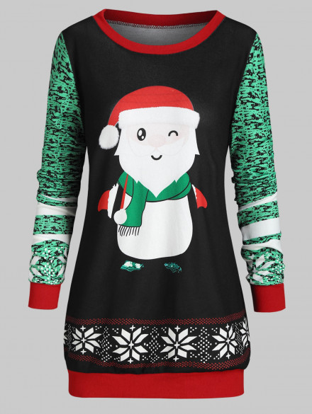 Plus Size Santa Claus Print Christmas T Shirt BLACK
