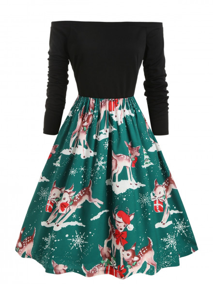 Off Shoulder Snowflake Elk Print Christmas Plus Size Dress MEDIUM AQUAMARINE