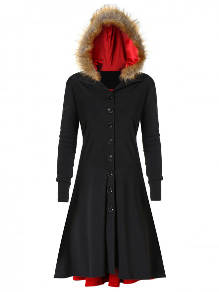 Plus Size Lace Up Single Breasted Fuzzy Hooded Coat BLACK