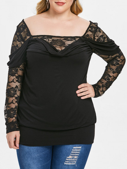 Plus Size Floral Lace Panel Drape T-shirt BLACK