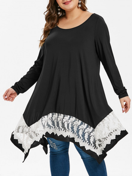 Lace Trim Handkerchief Hem Plus Size T-shirt BLACK