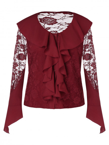 Plus Size See Through Ruffles Lace Blouse RED WINE