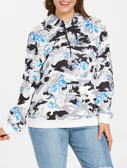 Plus Size Pocket Floral Camouflage Print Hoodie WHITE