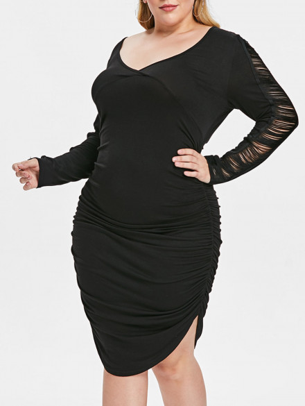 Plus Size Hollow Out Sleeve High Low Hem Pleated T-shirt BLACK