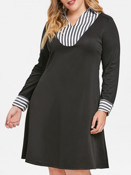Plus Size Striped Deatil Casual Dress BLACK