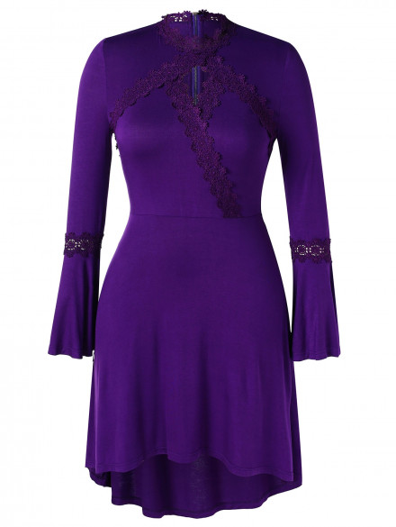Plus Size Lace Spliced Bell Sleeves Dress PURPLE