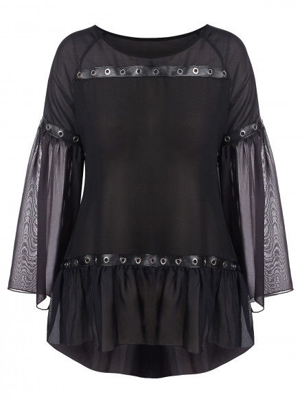Plus Size Sheer Mesh High Low Blouse BLACK
