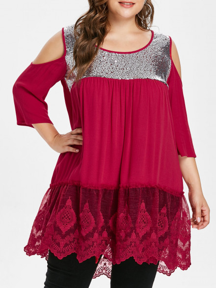 Plus Size Back Cut Out Sequin Embellished Blouse FIRE ENGINE RED