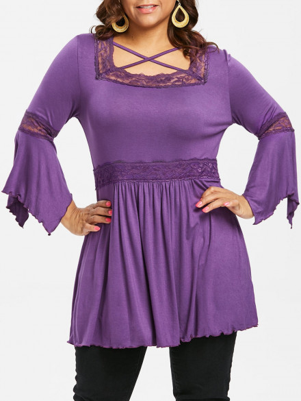 Plus Size Lattice Long Sleeve Swing T-shirt PURPLE